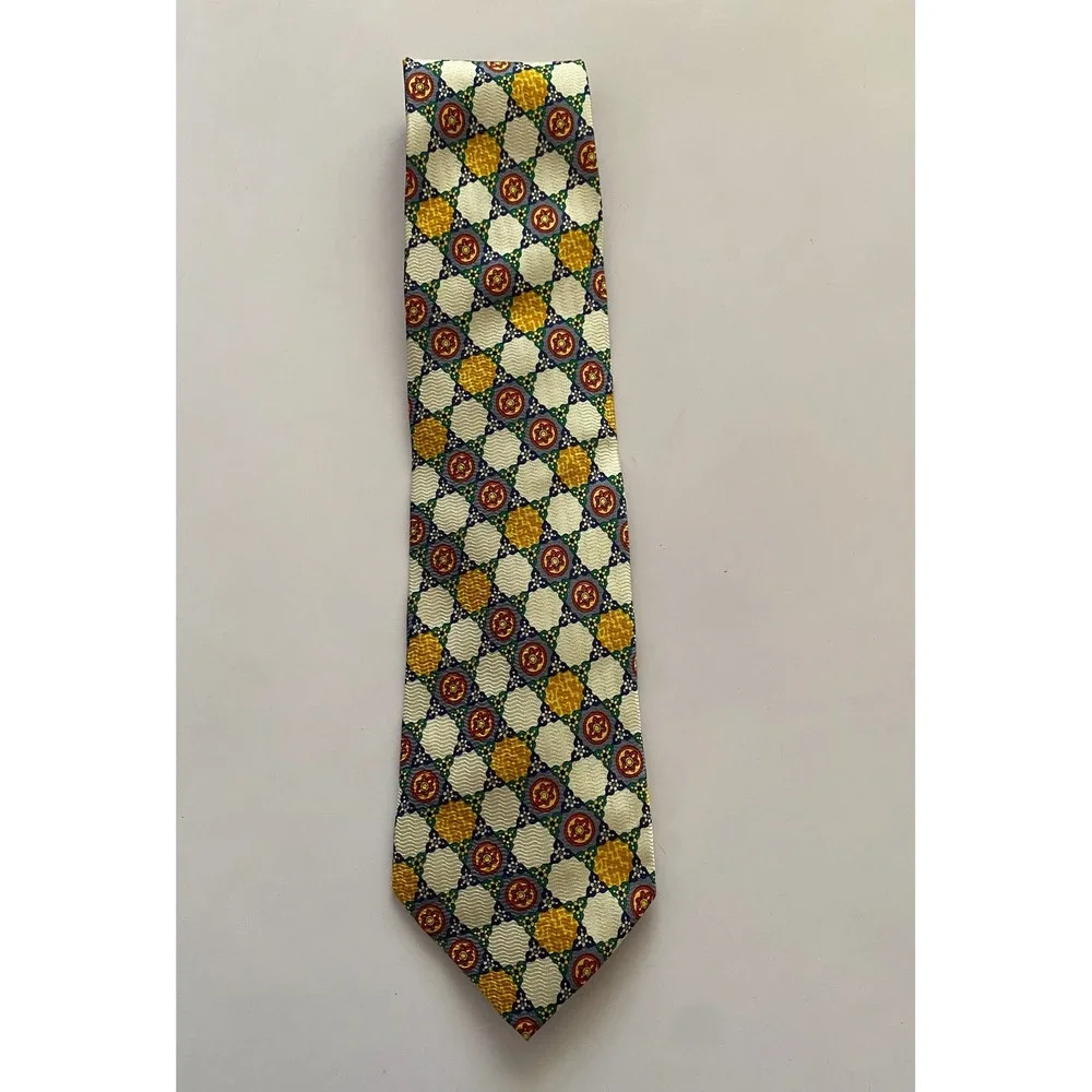Shenshi Mens 100% Silk Tie Yellow Blue Red Geometric Medallion Woven Pattern